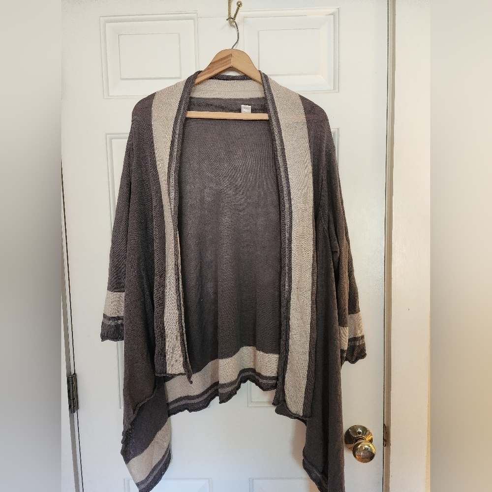 Garnet Hill Linen open knit cardigan taupe and cream size large asymmetrical hem